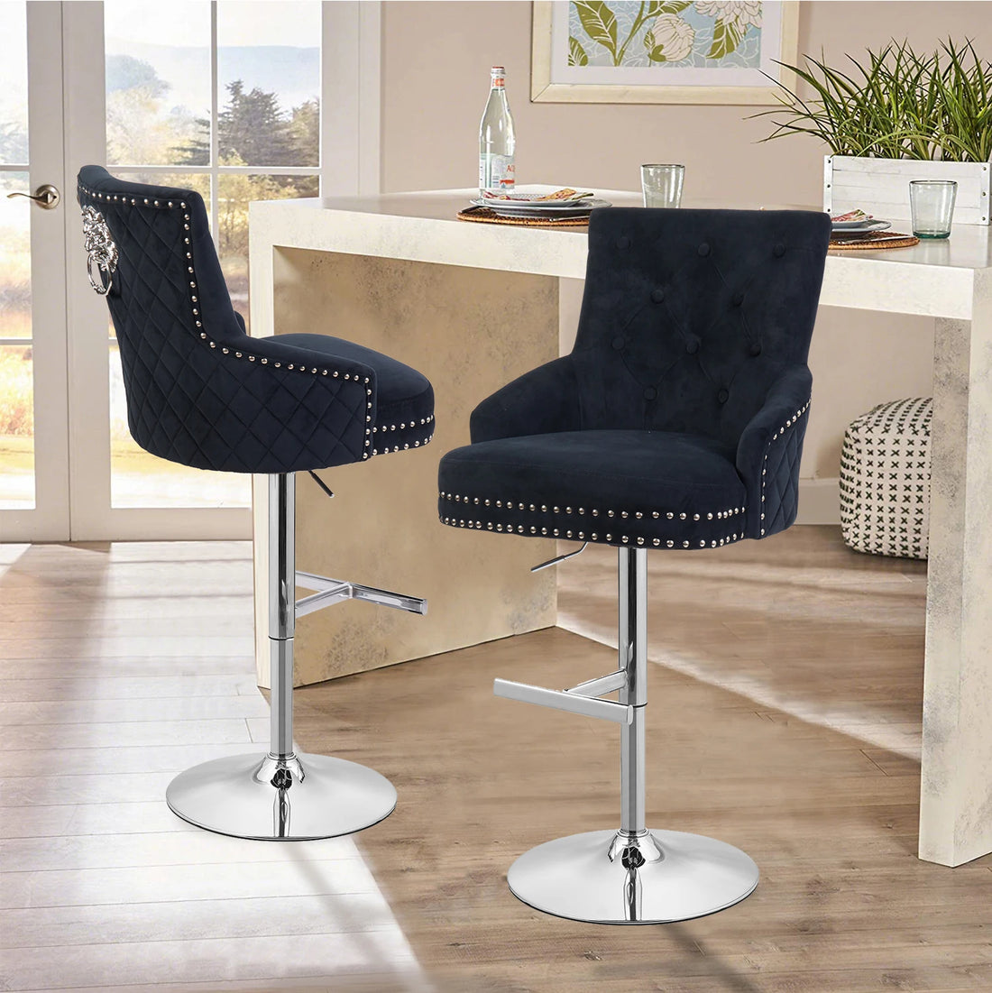 Luxury Black Velvet Swivel Bar Stool with Lion Knocker &amp; Cross stitch High Back