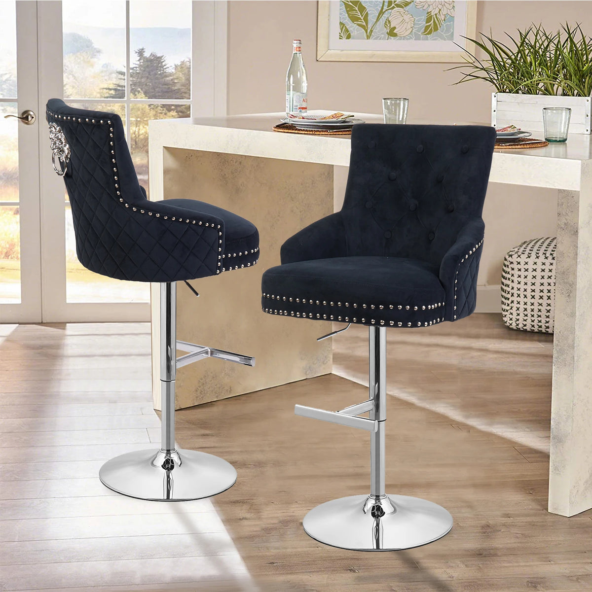 Luxury Black Velvet Swivel Bar Stool with Lion Knocker &amp; Cross stitch High Back