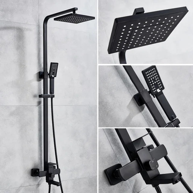 Bathroom Shower Faucet Wall Mounted 8" Shower Set Square Rainfall Hot Cold Water Bath Spout