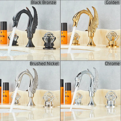 Rozin Gold Swan Basin Faucet Luxury Deck Mounted Dual Crystal Handle Bathroom Mixer Tap Cold and Hot Water Mixer Faucet