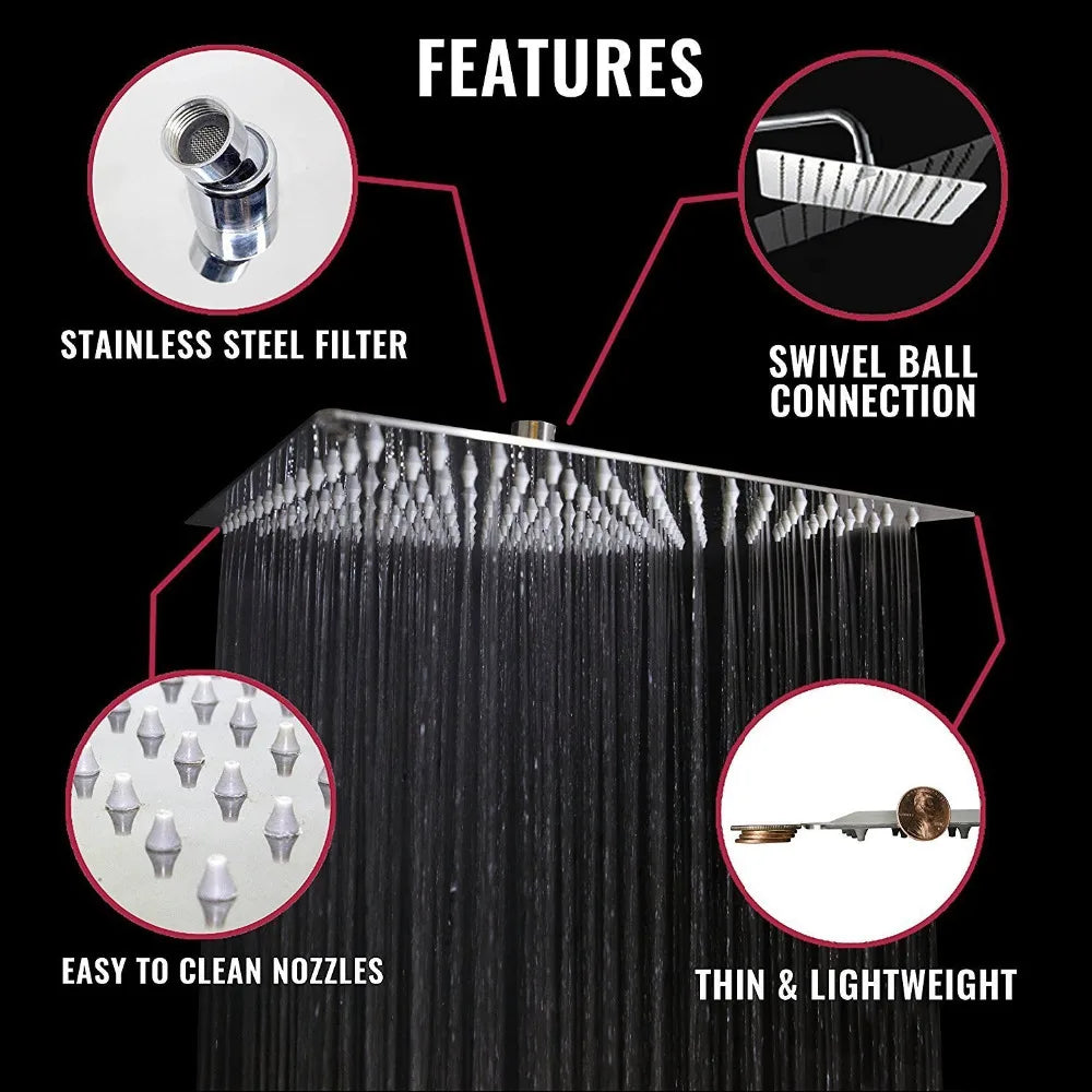 Stainless Steel Ultrathin Shower Head 16" Rainfall Shower Faucet Head Chrome Bathroom Large Flow Showerhead Faucet Accessory
