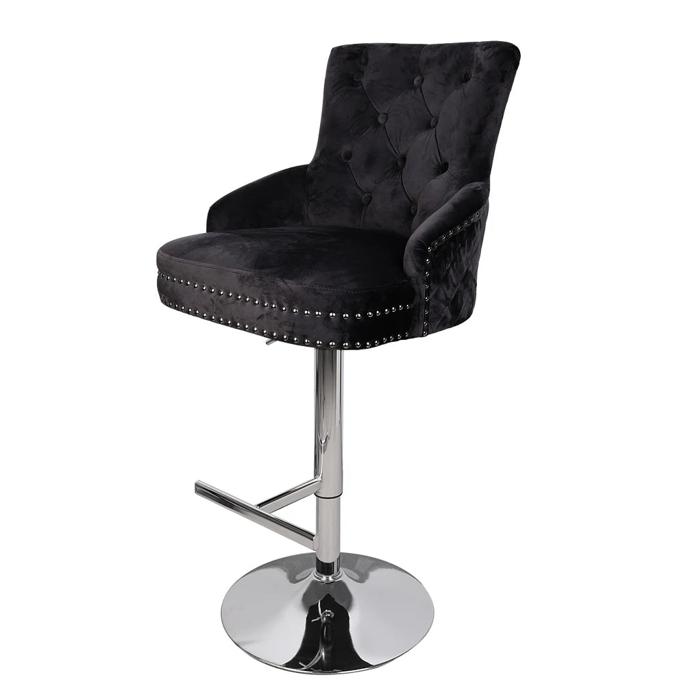 Luxury Black Velvet Swivel Bar Stool with Lion Knocker &amp; Cross stitch High Back