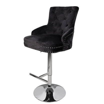 Luxury Black Velvet Swivel Bar Stool with Lion Knocker &amp; Cross stitch High Back