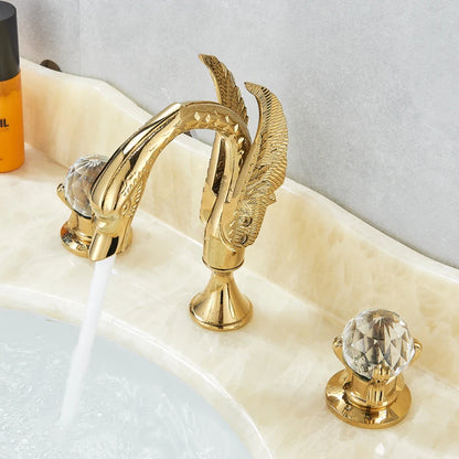 Rozin Gold Swan Basin Faucet Luxury Deck Mounted Dual Crystal Handle Bathroom Mixer Tap Cold and Hot Water Mixer Faucet