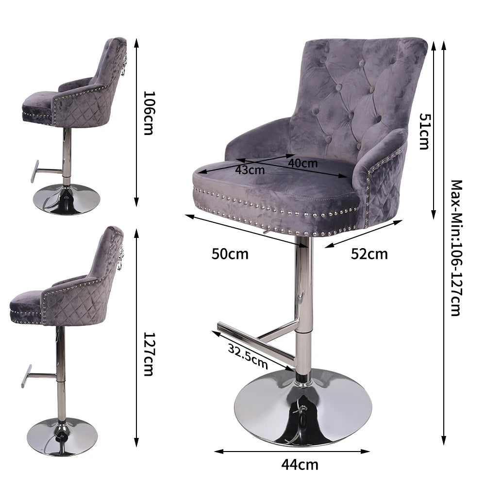 Luxury Black Velvet Swivel Bar Stool with Lion Knocker &amp; Cross stitch High Back