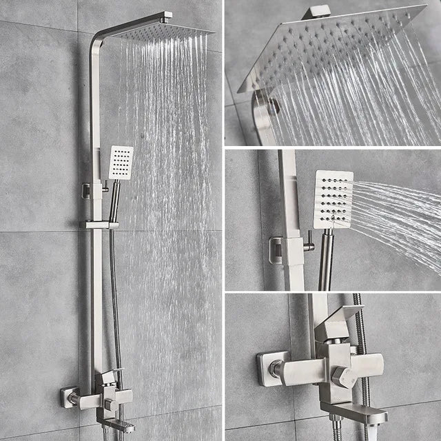 Bathroom Shower Faucet Wall Mounted 8" Shower Set Square Rainfall Hot Cold Water Bath Spout
