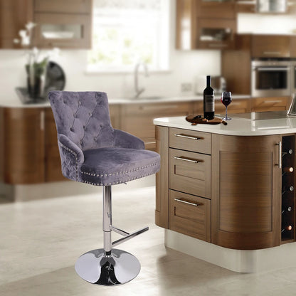 Luxury Black Velvet Swivel Bar Stool with Lion Knocker &amp; Cross stitch High Back
