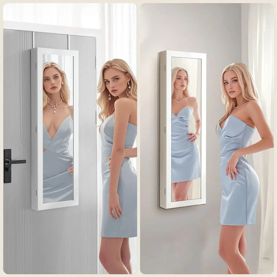 DUMOS 6 LEDs Mirror Jewelry Cabinet, Wall or Door Mounted Jewelry Organizer, 47.2Inch Tall Lockable Large Capacity Cosmetic Sto