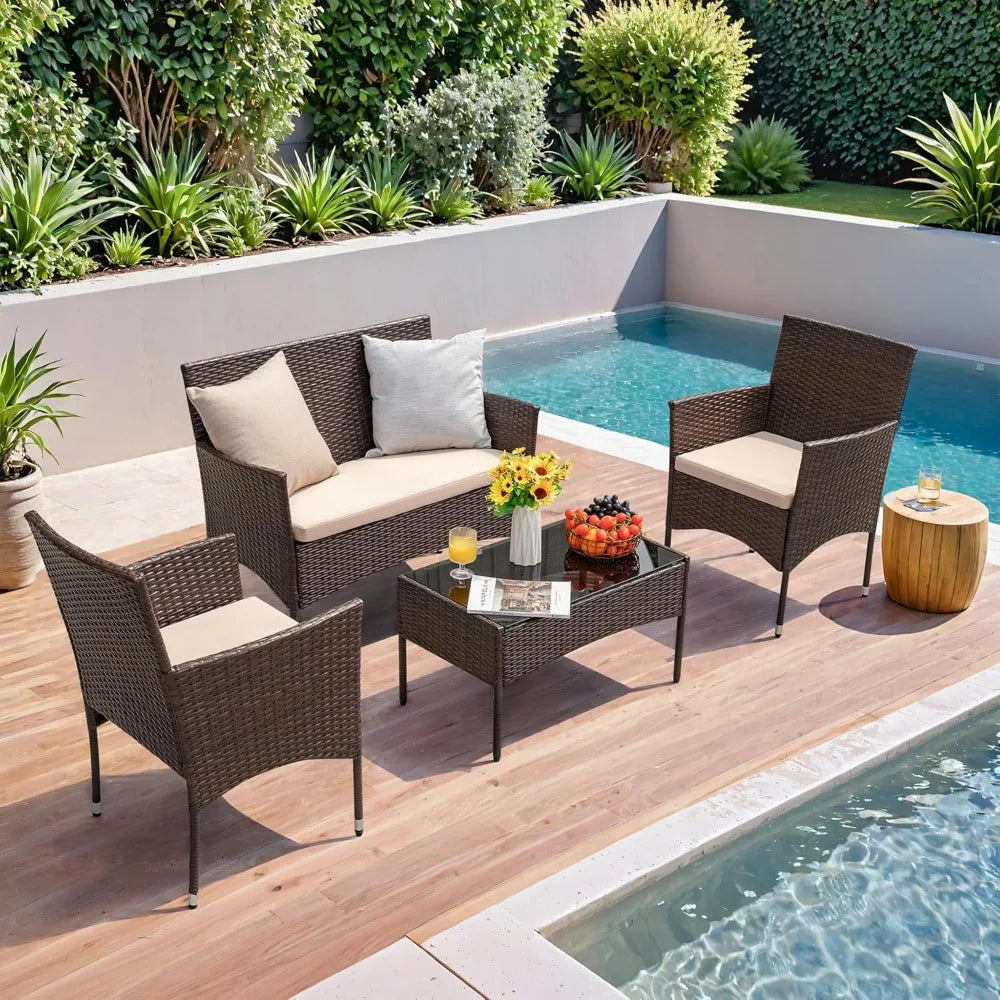 4 Pieces Outdoor Patio Furniture Sets Rattan Chair Wicker Set, Outdoor Indoor Use Backyard Porch Garden Poolside Balcony Furnit