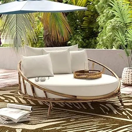 ZEW Rattan Bamboo Round Daybed Outdoor Sofa Chair with Cushion and Pillows for Backyard, Porch, Swimming Pool, Living Room