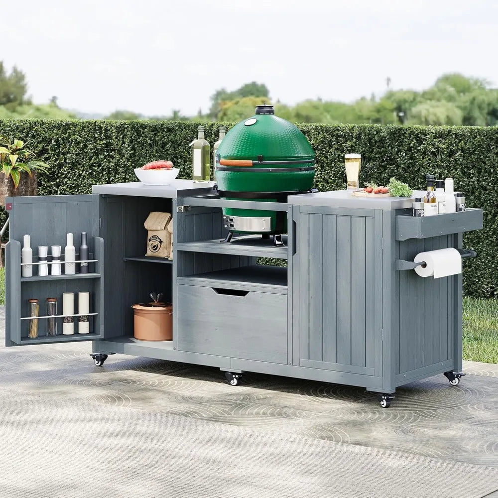 Outdoor Kitchen Island for Big Green Egg Grills, 66.5" Solid Wood Outdoor Grill Table with Stainless Steel Top, Rolling Kitchen