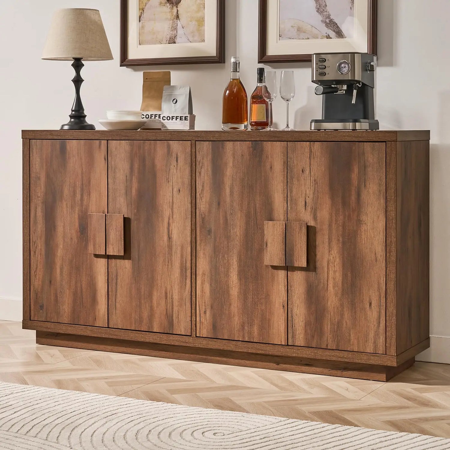 Buffet Cabinet With Storage, 63" Mid-Century Modern Sideboard Cabinet With 4 Doors &amp; Shelves, Kitchen Coffee Bar Credenza