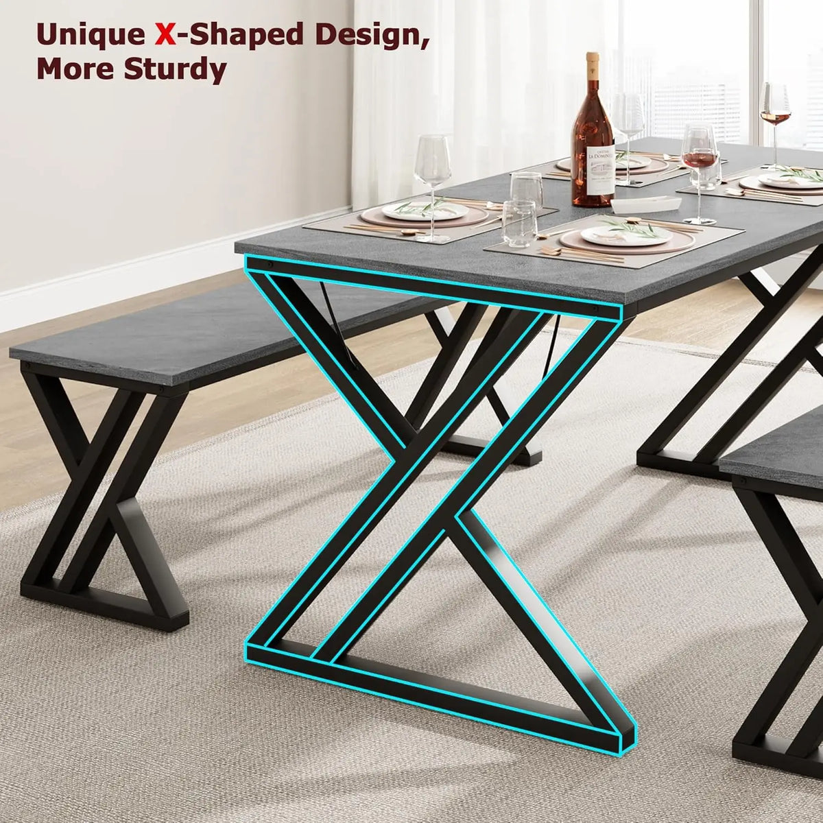 Kitchen Table Set with 2 Benches Space Saving Dining Room Table &amp; Benches Sturdy Metal Frame Dinette Set for Home Grey