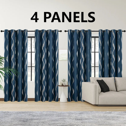 4PCS Blackout Curtains Grommet Thermal Insulated Room Darkening  With Wave Foil Printed For Bedroom