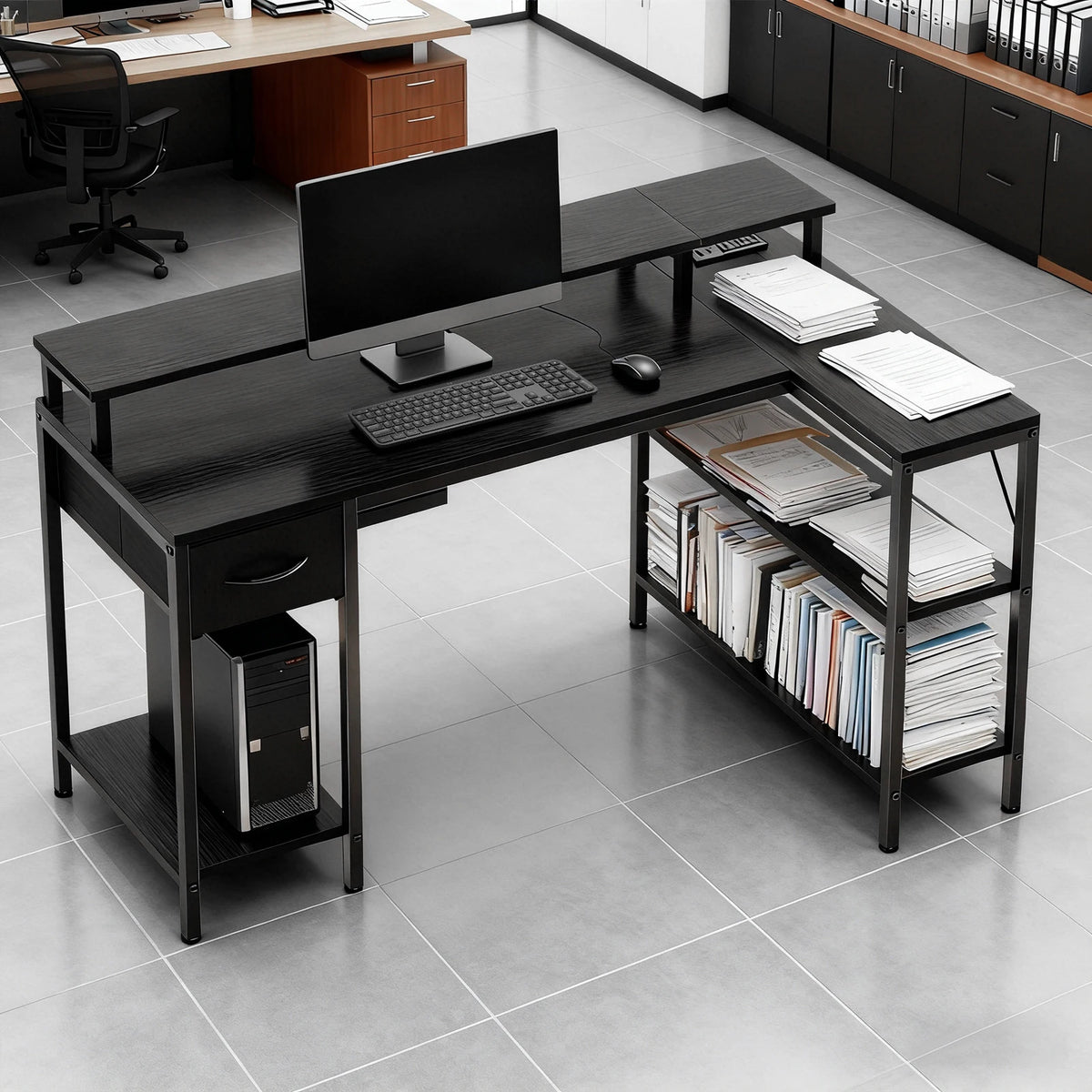JHK L-Shaped Gaming Desk With USB And LED Lighting