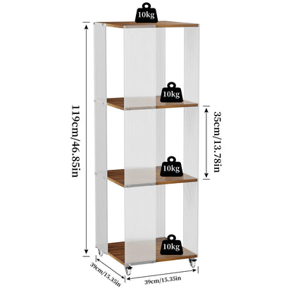 4-Tiered Storage Bookshelf Free Standing Acrylic Panels Storage Rack Shelving Unit on Wheels for Home Organization