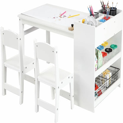 Kids Art Table with 2 Chairs, Toddler Craft Play Wood Activity Desk with Large Storage Shelves for Children&