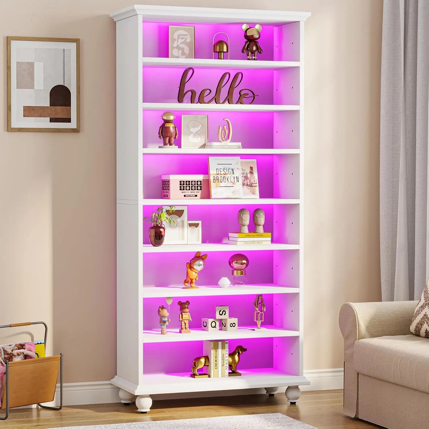 Bookcase with LED Lighting,Freestanding Bookshelf with Solid Wood Legs,Open Display Shelf Organizer for Living Room, Home Office