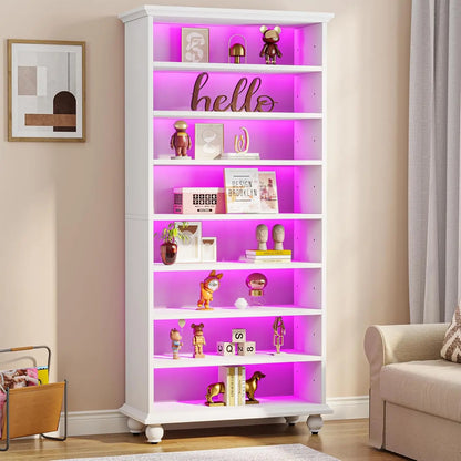 Bookcase with LED Lighting,Freestanding Bookshelf with Solid Wood Legs,Open Display Shelf Organizer for Living Room, Home Office