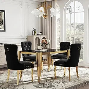 5 Piece Glass Dining Table Set for 4, 53" Rectangle Kitchen Table with 4 Gray Velvet Upholstered Chairs, Tempered Glass Tabletop