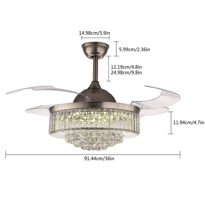 Oukaning Modern Dimmable Crystal Ceiling Fan with Lights Remote Invisible Retractable Chandelier Fandelier Light Led Lighting-Po