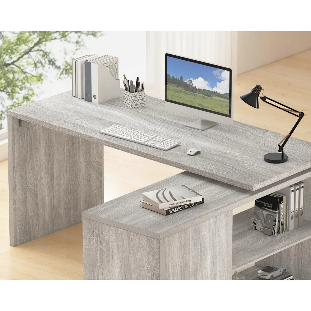 Gray L Shaped Corner Desk with Storage Shelves, Reversible L Shape Computer Desk with Storage Cabinet, Adjustable Corner Home O