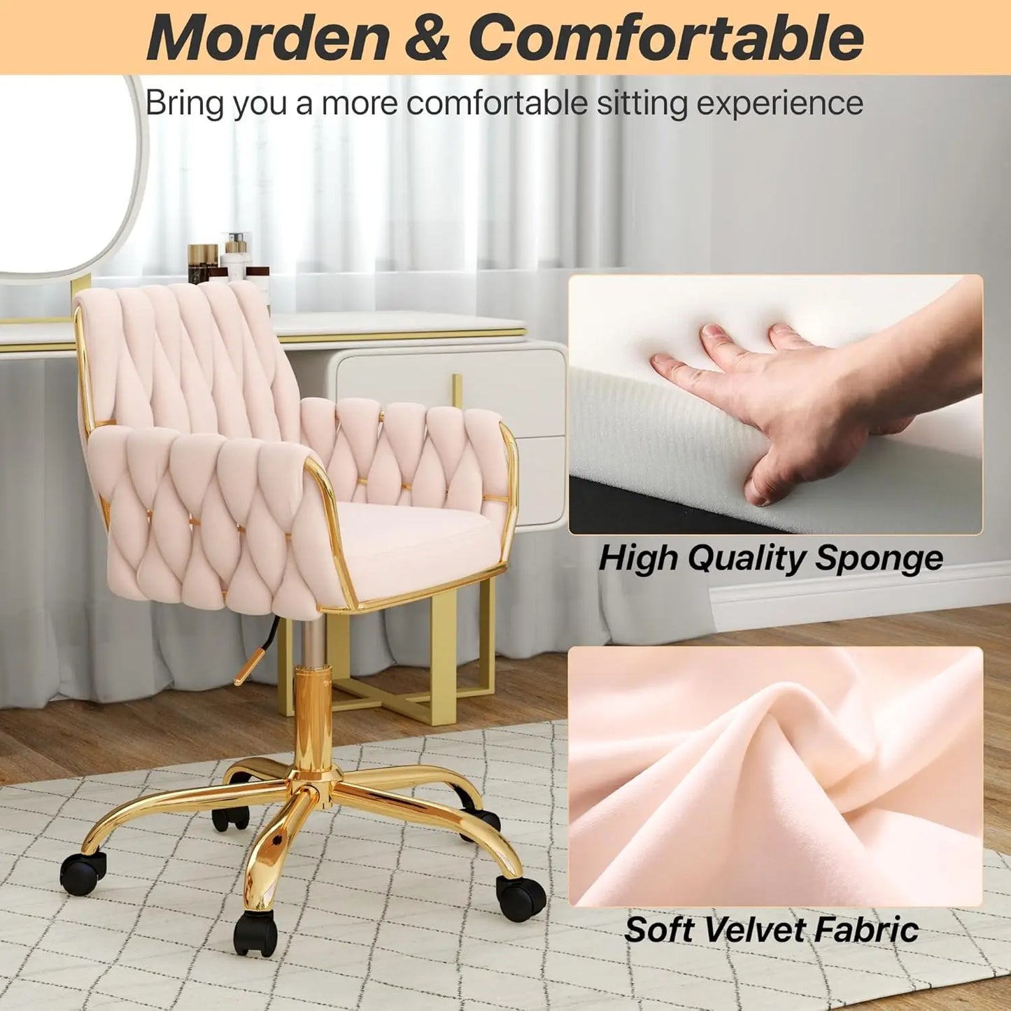 Velvet Home Office Chair, Modern Height Adjustable Cute Vanity Chair, 360° Swivel Makeup Chair Desk Chair with Golden Base