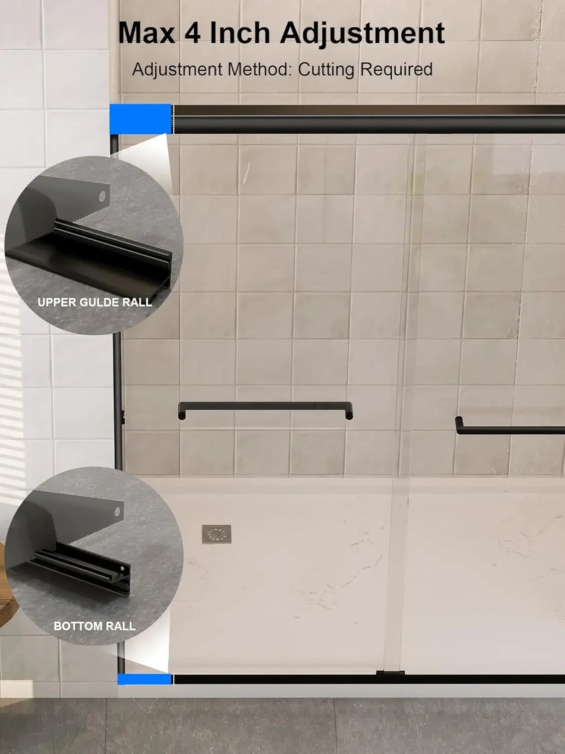 Glass Shower Door, 54”-60" W x 72" H Sliding Shower Door, Aluminum Semi-Frameless &amp; 1/4"(6mm) Clear Tempered with Explosion-Proo