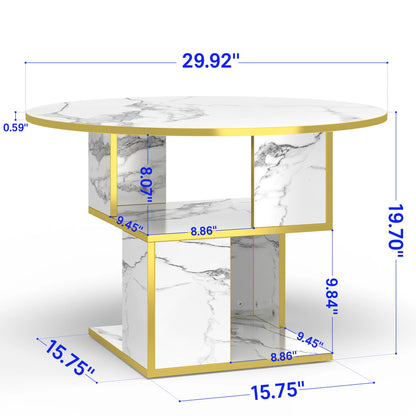 3-Tier Round Coffee Table with Storage, Modern Coffee Table for Living Room, Wooden Tabletop-Marble White with Gold Frame