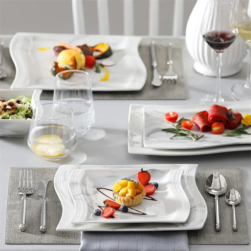 26Pcs Nordic Marble Pattern Porcelain Plates and Bowls Square Dinnerware Set Ceramic Dinner Plates Dishes Dessert Soup Plates