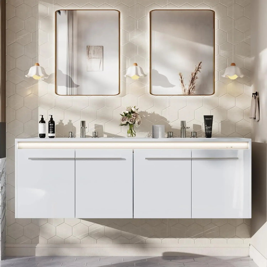 60" LED Floating Bathroom Double Vanity with Sink, Modern High Gloss Wall Mounted Bathroom Storage Cabinet with 3 Hole Sink