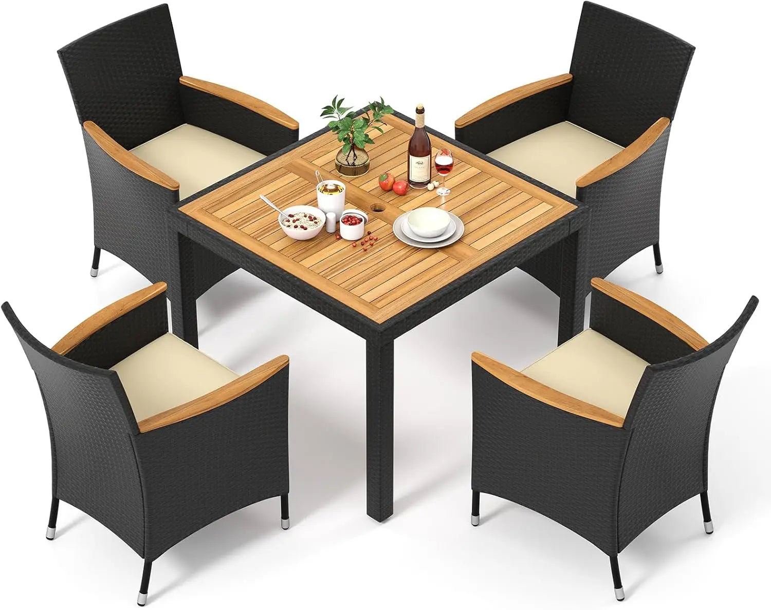 5 Pieces Rattan Outdoor Dining Set for 4,Outdoor Acacia Wood Table Set with 4Cushioned Wicker Chairs,Patio Dining Furniture Sets