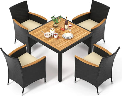 5 Pieces Rattan Outdoor Dining Set for 4,Outdoor Acacia Wood Table Set with 4Cushioned Wicker Chairs,Patio Dining Furniture Sets