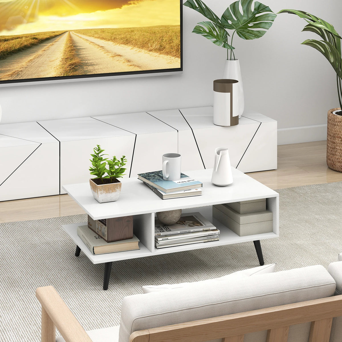 HOMASIS Two Tier Coffee Table With Storage Compartments Metal Legs