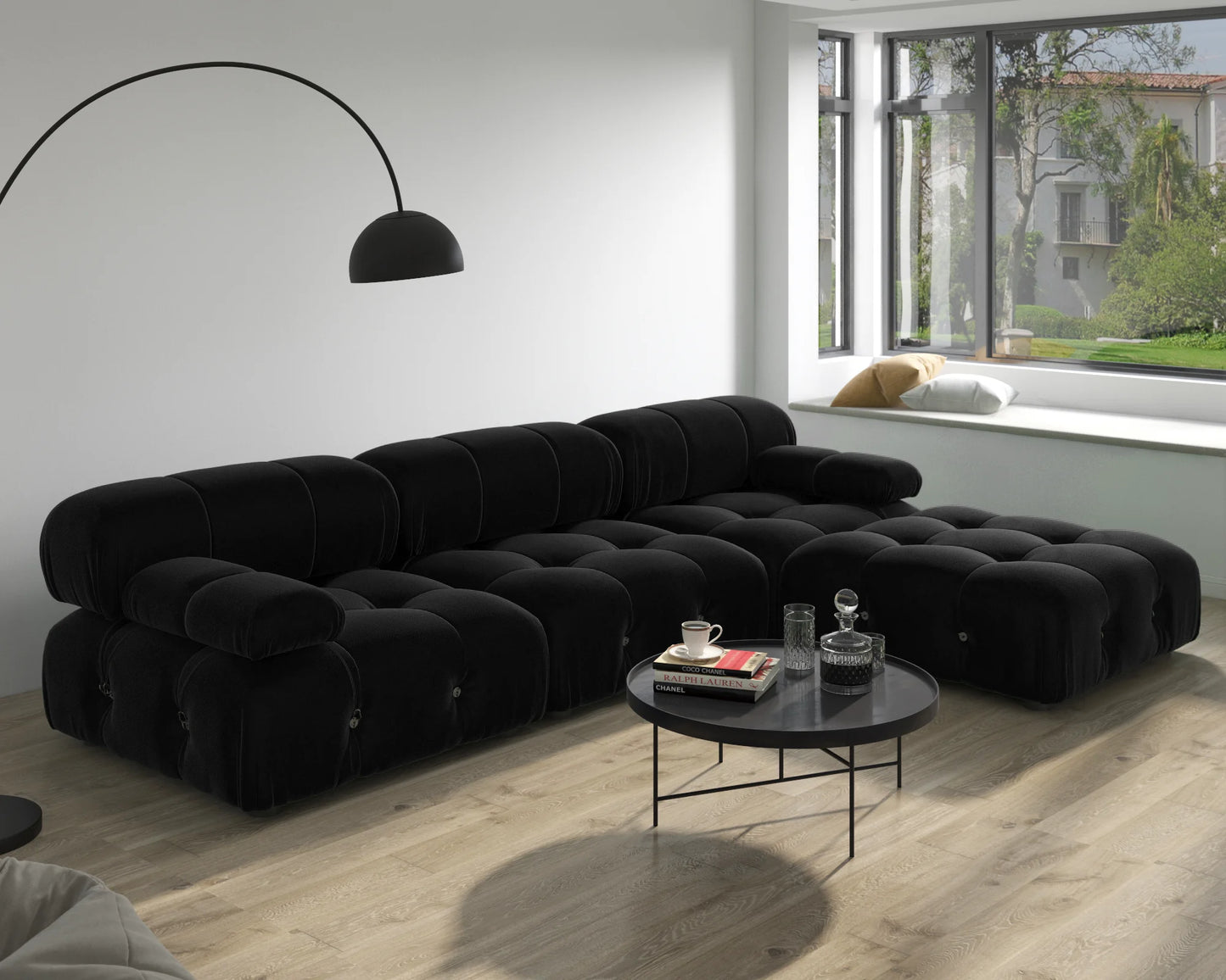 Minimalist Velvet Sectional Sofa with Modular Ottomans for Living Room