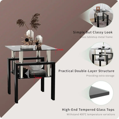 Limited timeBestsellerBlack Glass Coffee Table Set of 3 Piece, Living Room Tables Set of 3 Pcs, Including 1 Coffee Table and 2 E