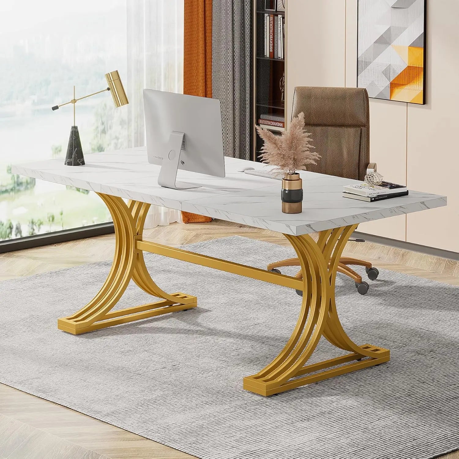 Office Desk, Modern Rectangular Executive Desk with Stylish Gold Legs,Faux Marble Table, Business Furniture for Home Office