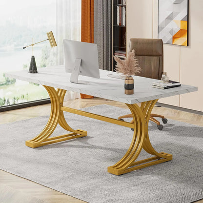 Office Desk, Modern Rectangular Executive Desk with Stylish Gold Legs,Faux Marble Table, Business Furniture for Home Office