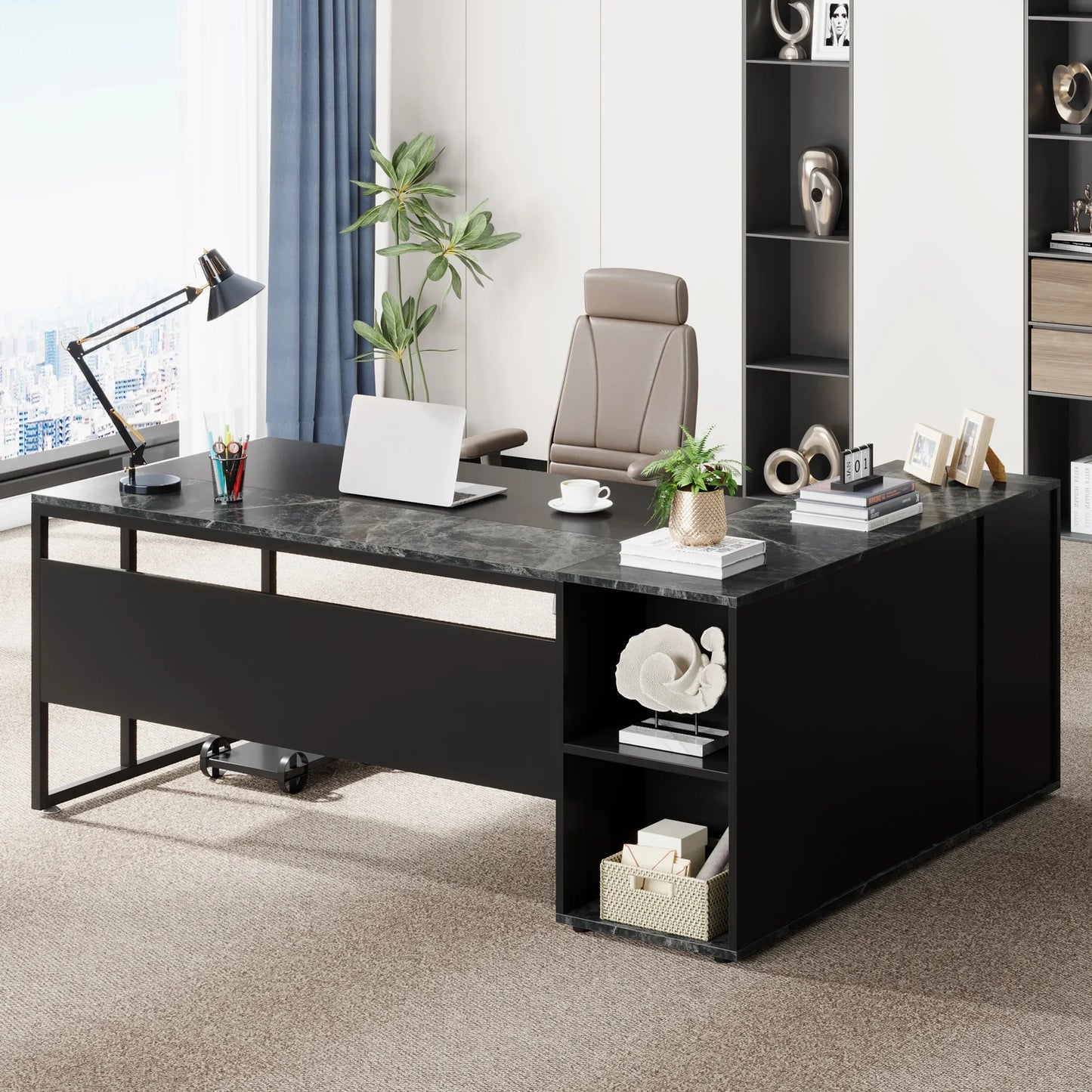 Tribesigns Executive L Shaped Desk With Cabinet Storage And Shelves