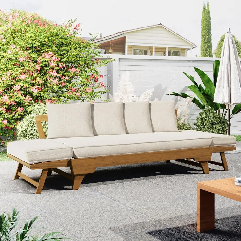 Outdoor Patio Daybed Sofa,3-Seat Sofa with Foldable Arm 4 Back Pillows,Teak Acacia Wood Frame Beige Removable Cushion,Teak+ Bei