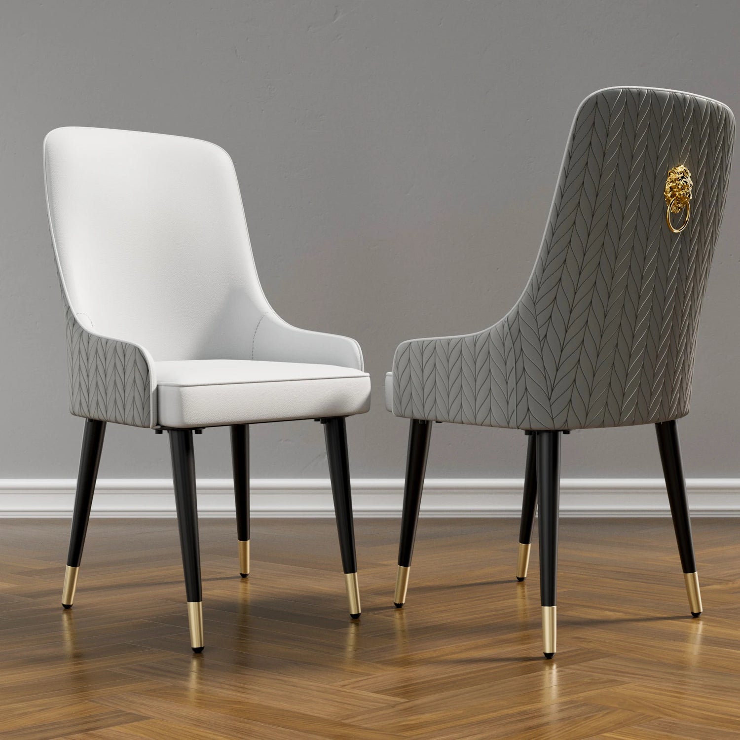 Modern PU Leather Set of 2 Dining Chairs with Metal Legs High Tufted Back Lion Head Pull Ring