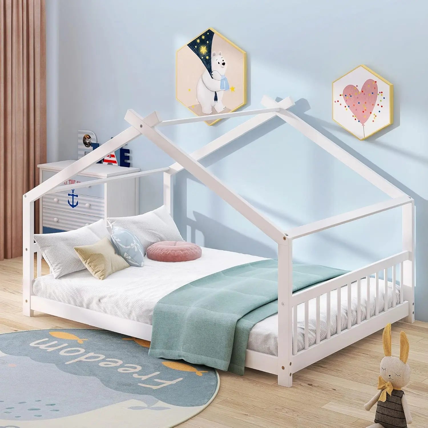 Full House Beds White Montessori Bed Wood Frame Kids Floor Bed with Headboard &amp; Footboard