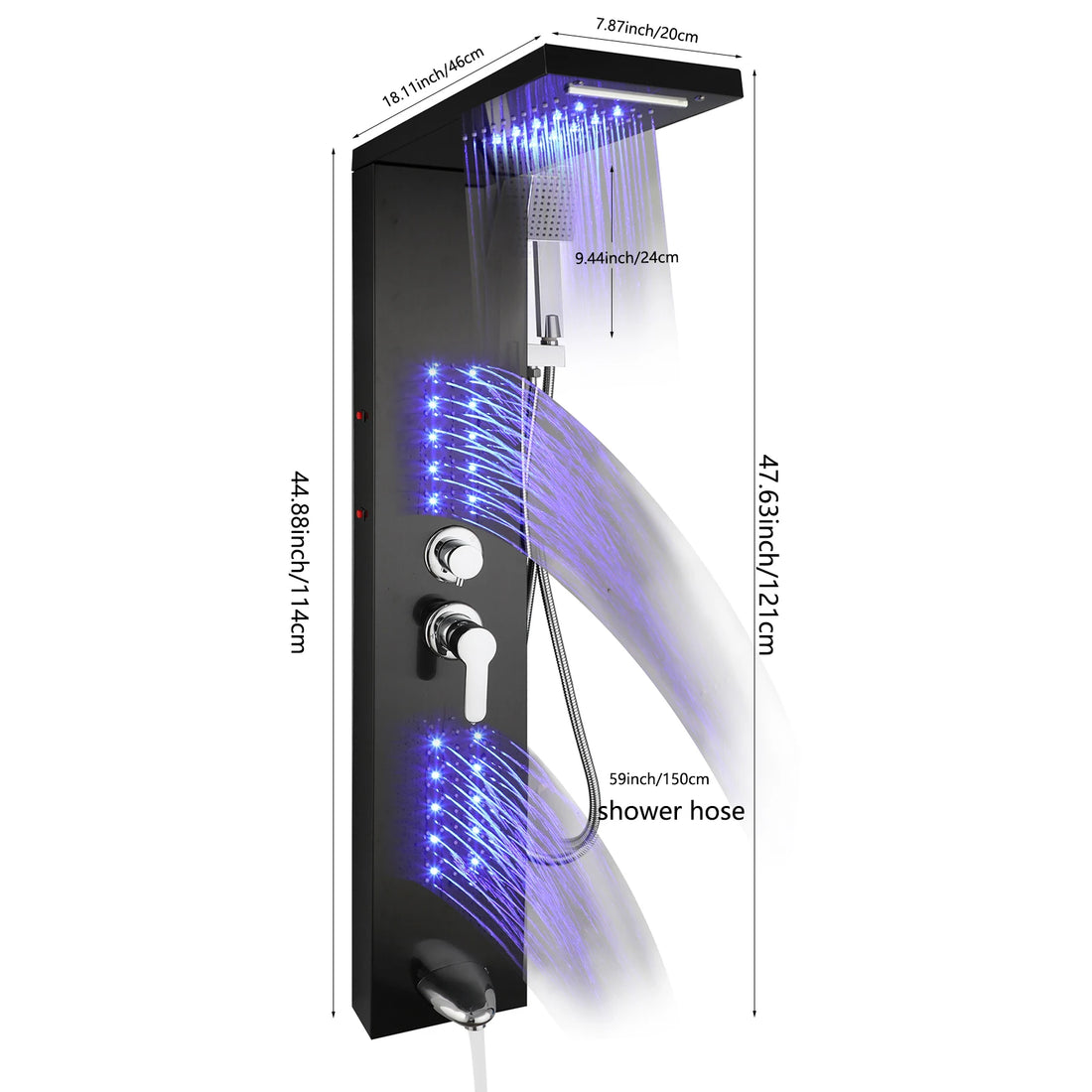 KEMAIDI Stainless Steel Shower Panel Tower System LED Shower Head 5-Function Faucet Rain Massage System with Body Jets Shower