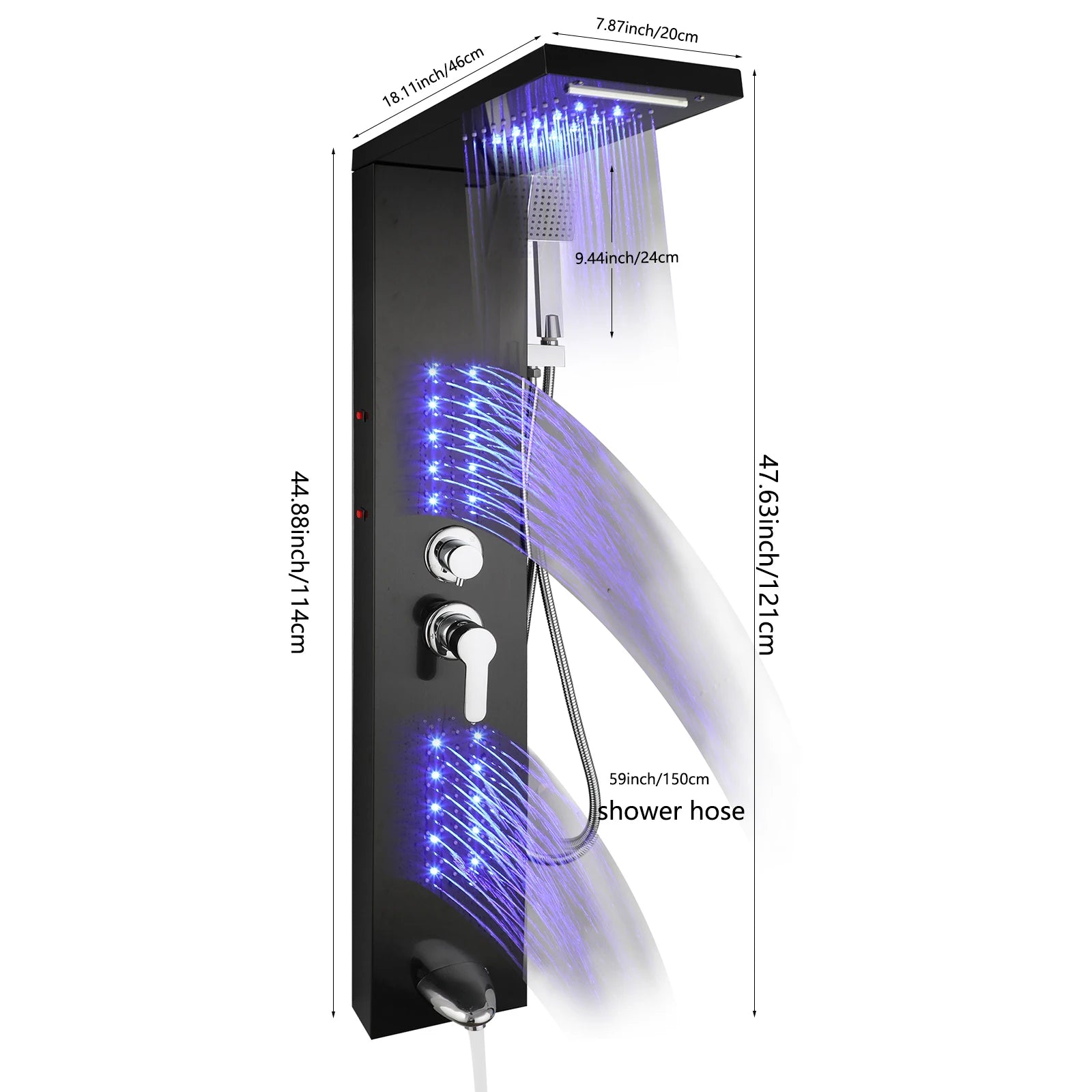 KEMAIDI Stainless Steel Shower Panel Tower System LED Shower Head 5-Function Faucet Rain Massage System with Body Jets Shower