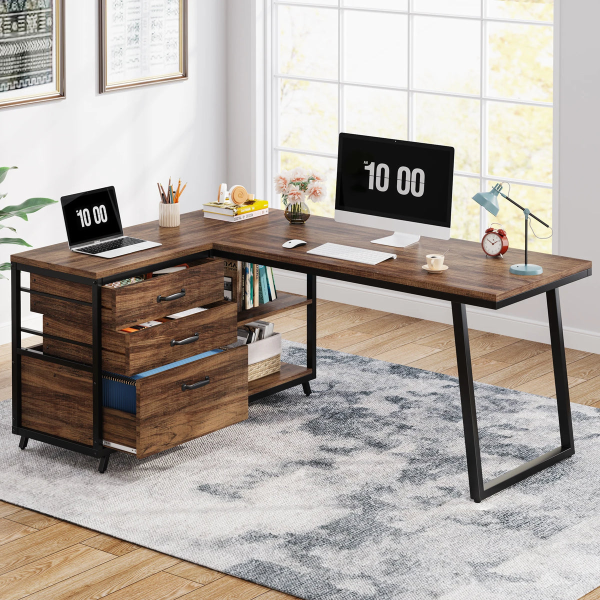 Tribesigns L Shaped Computer Desk With Drawers And Shelves For Office