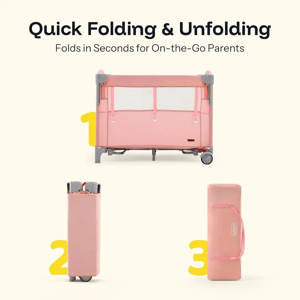 Portable 6-in-1 Baby Playard with Crib, Bassinet, Mattress, and Changing Table (Pink)Time-limited