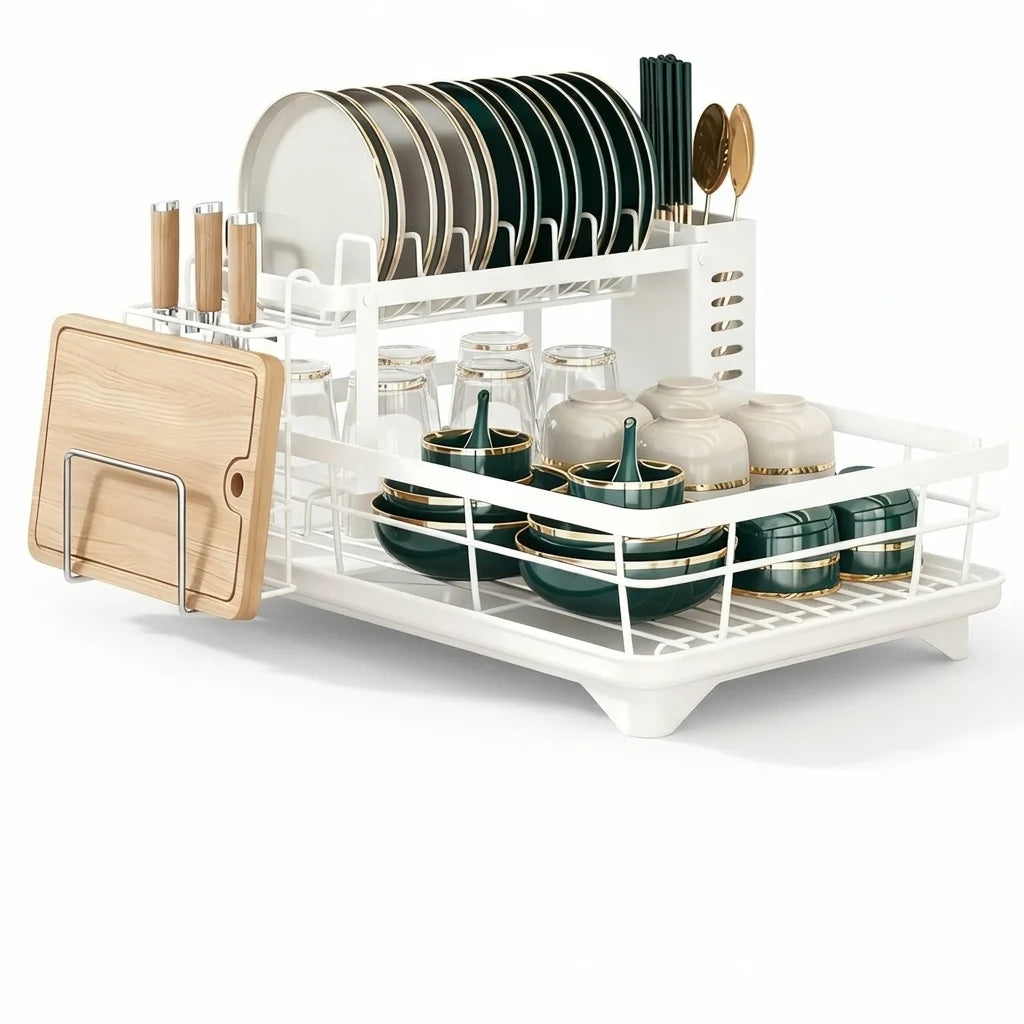 2-Tier Expandable Dish Drying Rack, Metal Kitchen Dish Rack and Drainboard Set with Knife Fork Holder &amp; Cutting Board Organizer for Countertop