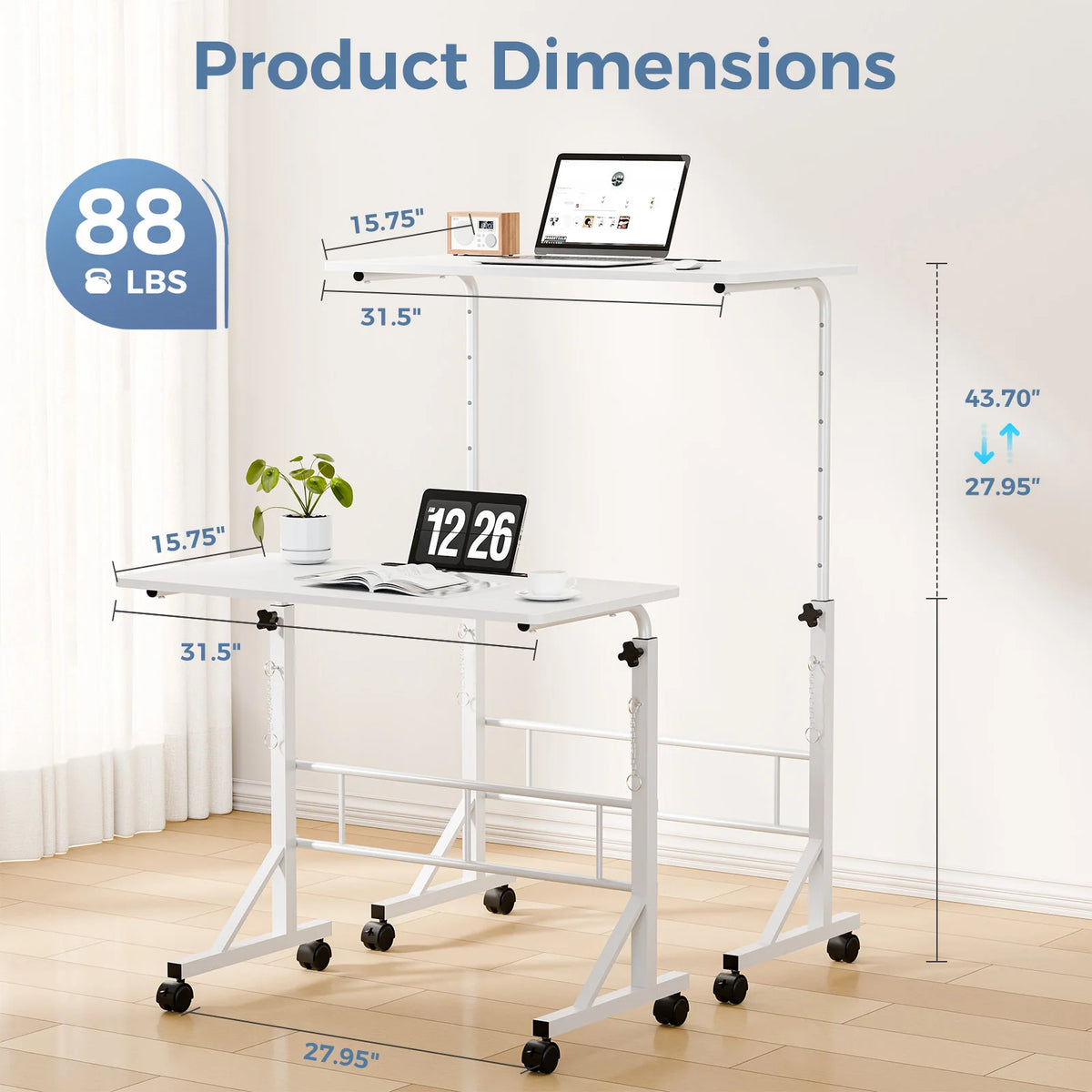 JHK Adjustable Mobile Desk With Locking Wheels For Home Office