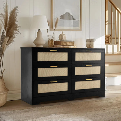 Rattan Six Drawer Dresser for Bedroom and Living Room Storage