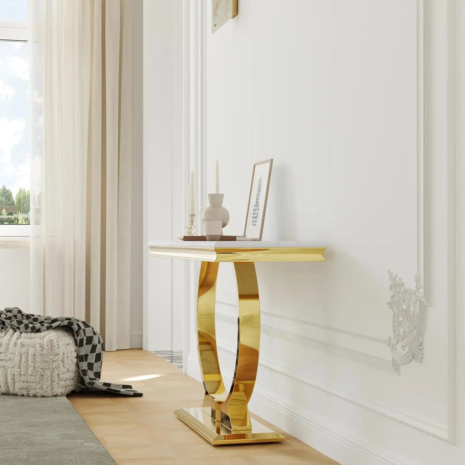 Gold Console Table, 50 Inch Glam White and Gold Entryway Table with U-Shaped Base, Polished Gold Entrance Table, Customized